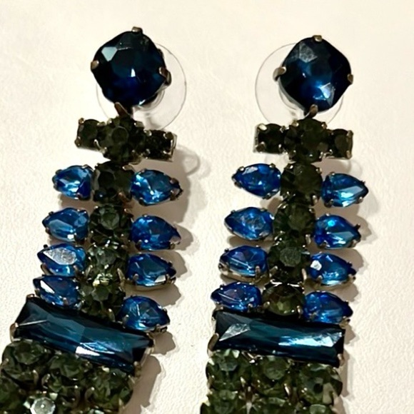 3” long blue and green rhinestone dangle pierced earrings - Picture 2 of 6